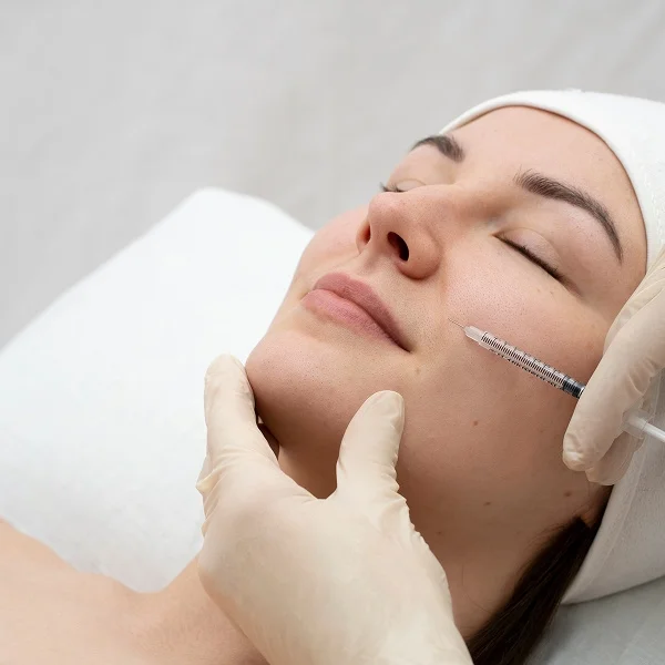 A woman receiving a facial hyaluronic acid injection in her cheek from a professional wearing medical gloves.
