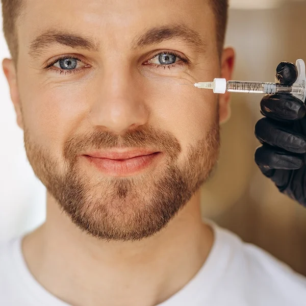 A man with blue eyes receiving a professional undereye skin booster injection.
