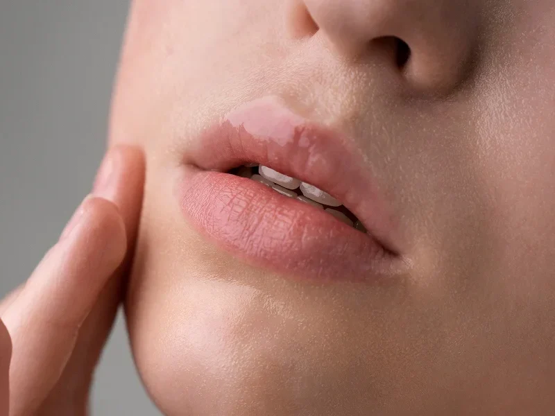 Femme avec une grande marque rouge sur les lèvres, utilisant un produit repulpeur de lèvres.